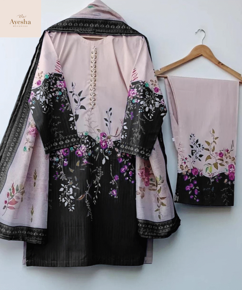 Front and Back Allover Digital Printed with Adda Handwork on Shirt with Flapper and Printed Dupatta Cord Set (3Pcs) - Image 2