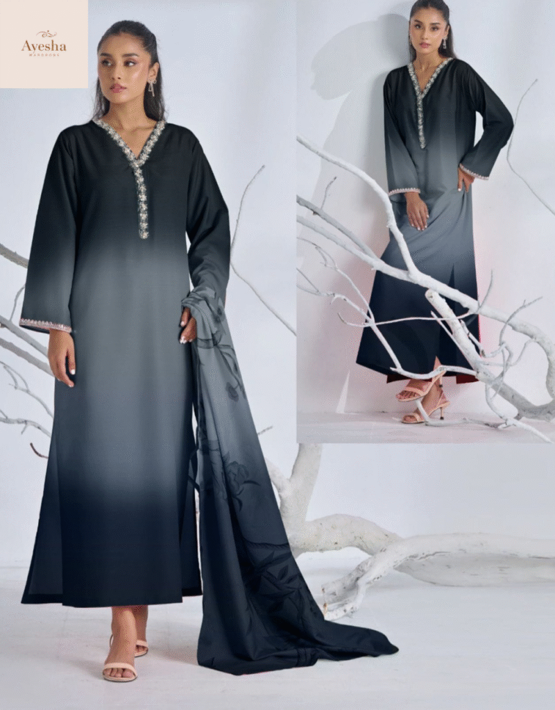 3pc suit Digital Printed long kurta neck and sleeve lace work. Digital Printed flyper. Printed munar Duppatta - Image 9