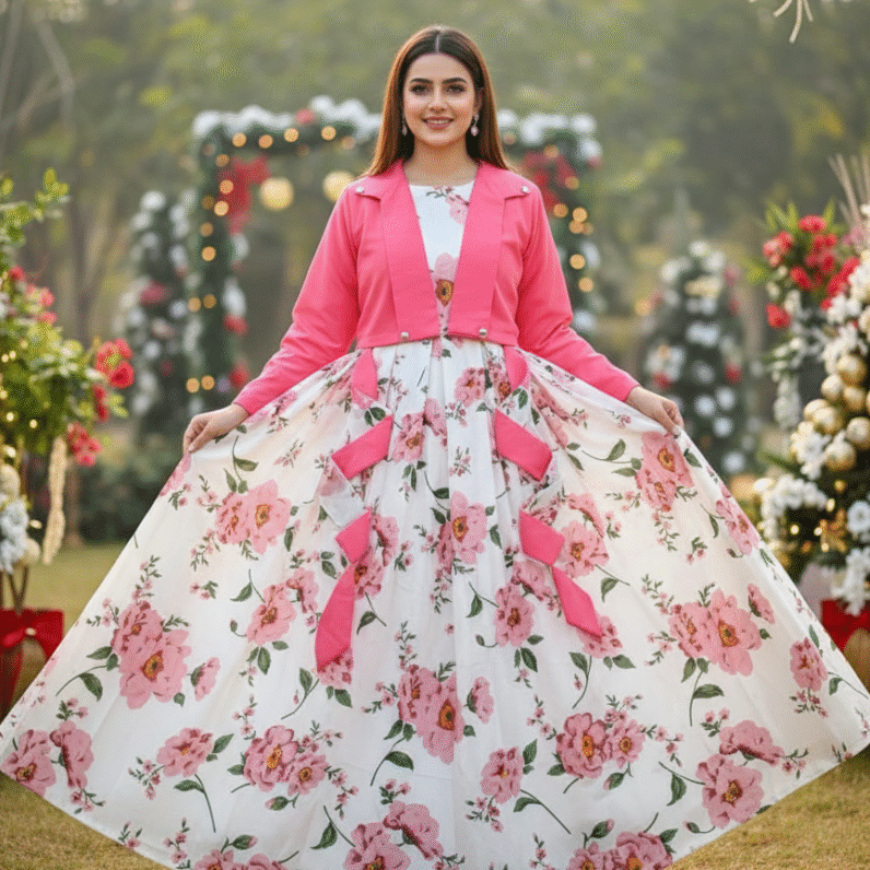 Digital Printed Long Flare SleeveLess Belt Attached Maxi With Cotton Koti 2Pcs